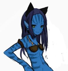 Rule 34 | 1girl, animal ears, avatar (2009 film), blue skin, cat ears, cat girl, character request, colored skin, female focus, green eyes, james cameron's avatar, jewelry, koshochka, looking at viewer, necklace, pointy ears, solo, striped, tagme, transparent background, white background