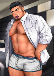 Rule 34 | 1boy, absurdres, arm hair, bara, bare pectorals, beard, belly, black hair, blush, boxers, bulge, chest hair, collared shirt, condom, condom in mouth, condom wrapper, cowboy shot, erection, erection under clothes, facial hair, hairy, highres, indoors, kuma gororo, large pectorals, leg hair, male focus, male underwear, mature male, mouth hold, muscular, muscular male, navel, navel hair, nipples, no pants, open clothes, open shirt, original, pectorals, penis, penis peek, shirt, short hair, sideburns, sleeves rolled up, solo, stomach, stubble, thick thighs, thighs, uncensored, undercut, underwear, white male underwear