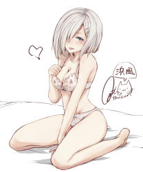 Rule 34 | 10s, 1girl, :p, beckoning, blue eyes, blush, bra, breasts, hair ornament, hair over one eye, hairclip, hamakaze (kancolle), heart, kantai collection, panties, rizzl, short hair, silver hair, sitting, solo, tongue, tongue out, underwear, underwear only, wariza, white background