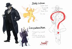Rule 34 | 1boy, alternate headwear, character sheet, coat, diepod, english text, fedora, formal, hat, male focus, mask, multiple views, no pupils, partially colored, q (street fighter), simple background, street fighter, street fighter iii (series), suit, trench coat, white background, yellow eyes