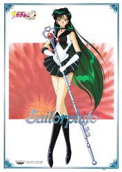 Rule 34 | 1990s (style), 1girl, bishoujo senshi sailor moon, black footwear, black skirt, boots, character name, choker, company name, copyright notice, dark-skinned female, dark skin, earrings, elbow gloves, female focus, framed, full body, gloves, green hair, highres, holding, holding staff, jewelry, knee boots, logo, long hair, looking at viewer, magical girl, meiou setsuna, official art, pleated skirt, red eyes, retro artstyle, sailor pluto, sailor senshi, sailor senshi uniform, skirt, solo, staff, very long hair