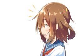 Rule 34 | 1girl, :o, blue sailor collar, blush, commentary request, from side, gurande (g-size), hair ornament, hairclip, ikazuchi (kancolle), kantai collection, navel, neckerchief, notice lines, open mouth, profile, red neckerchief, sailor collar, school uniform, serafuku, simple background, sketch, solo, upper body, white background