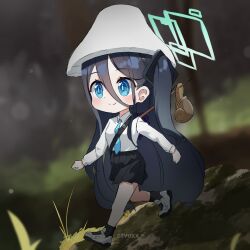 Rule 34 | 1girl, absurdres, aris (blue archive), black hair, black skirt, black socks, blue archive, blue eyes, blue necktie, blurry, blurry background, commentary, dot nose, forest, gevuxx, grass, hair between eyes, halo, highres, light blush, long hair, long hair between eyes, long sleeves, looking ahead, meme, mushroom hat, nature, necktie, pleated skirt, polearm, shirt, side ponytail, skirt, smile, snail, socks, solo, spear, symbol-only commentary, very long hair, walking, weapon, white footwear, white headwear, white shirt