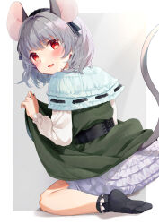 Rule 34 | 1girl, animal ears, ari don, black socks, bloomers, capelet, clothes lift, dress, dress lift, from behind, green dress, grey hair, highres, looking at viewer, looking back, mouse ears, mouse girl, mouse tail, nazrin, open mouth, red eyes, sitting, socks, solo, tail, touhou, underwear, wariza