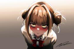 Rule 34 | 1girl, awz (a-w-z), bags under eyes, black eyeliner, blonde hair, blunt bangs, blush, boku no hero academia, brown sweater, closed mouth, collared shirt, commentary, commentary request, double bun, english commentary, eyeliner, from above, glaring, gradient background, hair bun, hair intakes, highres, looking at viewer, loose neck ribbon, makeup, messy hair, neck ribbon, red ribbon, ribbon, school uniform, shirt, sidelocks, signature, sleeveless, sleeveless sweater, slit pupils, solo, sweater, toga himiko, uniform, white shirt, yellow eyes