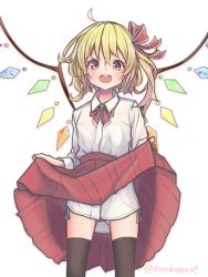 Rule 34 | 1girl, :d, artist name, black thighhighs, blonde hair, bow, clothes lift, commentary request, crystal, eyebrows hidden by hair, feet out of frame, flandre scarlet, hair bow, happy, koro kokoi, lifted by self, light blush, looking at viewer, no headwear, no headwear, one side up, open mouth, pink eyes, pleated skirt, red bow, red skirt, round teeth, shirt, short hair, simple background, skirt, skirt lift, smile, solo, standing, teeth, thighhighs, touhou, white background, white shirt, wings