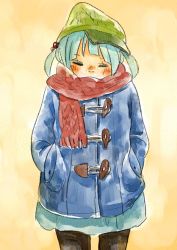 Rule 34 | 1girl, alternate costume, black pantyhose, blue hair, blue skirt, blush, blush stickers, buttons, closed eyes, hair bobbles, hair ornament, hands in pockets, hat, kawashiro nitori, nekojin, nose blush, pantyhose, red scarf, scarf, scarf over mouth, skirt, solo, touhou, traditional media, twintails