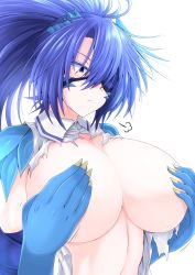 Rule 34 | 1girl, annes (g (genesis1556)), blue eyes, blue hair, breasts, claws, closed mouth, covering privates, covering breasts, dragon girl, eyepatch, g (genesis1556), hair between eyes, highres, huge breasts, long hair, looking down, monster girl, original, ponytail, simple background, solo, torn clothes, upper body, white background
