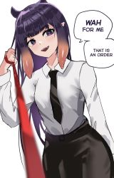 Rule 34 | 1girl, chainsaw man, collared shirt, cosplay, english text, highres, hololive, hololive english, leash, long hair, makima (chainsaw man), makima (chainsaw man) (cosplay), mayuchii, necktie, ninomae ina&#039;nis, pointy ears, purple hair, shirt, tentacle hair, virtual youtuber, white shirt