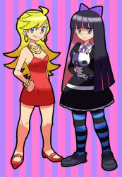 Rule 34 | 10s, 2girls, artist request, black dress, black footwear, black hair, blonde hair, blue eyes, blue pantyhose, bow, bracelet, breasts, cleavage, creatures (company), dress, earrings, game freak, goth fashion, gothic lolita, hair bow, hand on own hip, high heels, holding, honekoneko, hoop earrings, jewelry, lolita fashion, long hair, long sleeves, looking at viewer, medium breasts, multicolored hair, multiple girls, neck ribbon, nintendo, panty &amp; stocking with garterbelt, panty (psg), pantyhose, pink background, pink hair, pokemon, purple background, purple bow, purple eyes, purple ribbon, red dress, red footwear, ribbon, shirt, shoes, sleeveless, sleeveless dress, smile, standing, stocking (psg), streaked hair, striped background, striped clothes, striped pantyhose, stuffed animal, stuffed cat, stuffed toy, sugimori ken (style), two-tone background, white shirt