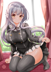 Rule 34 | 1girl, black dress, blush, braid, breasts, brown eyes, closed mouth, clothes lift, collared shirt, commentary request, curtains, dress, dress lift, frilled dress, frills, grey footwear, grey hair, grey sailor collar, grey thighhighs, highres, kashiwagi saki, large breasts, lifting own clothes, loafers, long hair, long sleeves, looking at viewer, ongeki, sailor collar, shirt, shoes, smile, solo, thighhighs, very long hair, white shirt, window, xenon (for achieve)