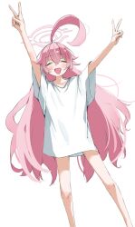 Rule 34 | 1girl, absurdres, ahoge, alternate costume, alternate hairstyle, bare legs, blue archive, bottomless, closed eyes, double v, hair between eyes, halo, highres, hoshino (blue archive), huge ahoge, long hair, open mouth, oversized clothes, oversized shirt, pink hair, pink halo, shirt, showtime775, smile, solo, v, very long hair, white background, white shirt