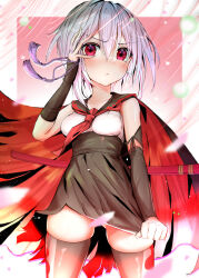 Rule 34 | 1girl, absurdres, bare shoulders, beads, blush, cape, elbow gloves, frown, gloves, hand in own hair, highres, katana, light purple hair, looking at viewer, red eyes, sailor collar, scabbard, sheath, sheathed, short hair, skirt grab, sword, tenka hyakken, thighhighs, tobikaze89, weapon