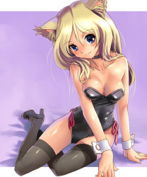 Rule 34 | 1girl, animal ears, black thighhighs, blonde hair, blue eyes, breasts, cat ears, cleavage, high heels, katahira masashi, kittysuit, leotard, letterboxed, long hair, nontraditional playboy bunny, original, outside border, shoes, sitting, solo, thighhighs, wrist cuffs
