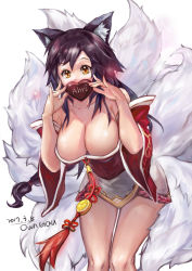 Rule 34 | 1girl, 2017, ahri (league of legends), animal ears, artist name, bare shoulders, black hair, blush, breasts, candy, chocolate, chocolate heart, cleavage, collarbone, covering own mouth, cowboy shot, dated, detached sleeves, erementa, facial mark, food, fox ears, fox tail, hanging breasts, heart, korean clothes, large breasts, league of legends, leaning forward, long hair, looking at viewer, low neckline, multiple tails, sidelocks, solo, standing, tail, whisker markings, wide sleeves, yellow eyes