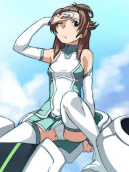 Rule 34 | 10s, 1girl, :&lt;, bare shoulders, blue sky, boots, brown eyes, brown hair, cameltoe, cloud, cockpit, day, detached sleeves, hair ornament, hair up, hairclip, halterneck, halterneck, kyouno madoka, panties, pantyshot, patch, pleated skirt, rinne no lagrange, sitting, skirt, sky, solo, spread legs, tabigarasu, thigh boots, thighhighs, underwear, upskirt, white panties, white thighhighs, wince