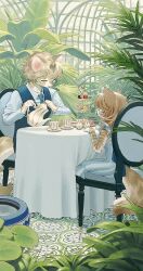 Rule 34 | 1boy, 1girl, animal ears, brown hair, cat ears, cat girl, cat tail, chair, child, closed eyes, collared shirt, cup, dress, film grain, food, formal, furry, furry female, furry male, greenhouse, grey hair, highres, long sleeves, macaron, mayumochini, necktie, original, plant, shirt, sleeveless, sleeveless dress, table, tablecloth, tail, teacup, teapot, vest, white shirt