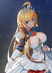 Rule 34 | 1girl, absurdres, ahoge, armor, ascot, blue background, blue eyes, blush, braid, breasts, cleavage, closed mouth, commentary request, corset, cowboy shot, dress, elbow gloves, gloves, gradient background, highres, large breasts, layered dress, long hair, looking at viewer, northman, orange hair, pecorine (princess connect!), princess connect!, red ascot, revision, short sleeves, shoulder armor, shrug (clothing), side braid, smile, solo, tiara, underbust, very long hair, white dress, white gloves