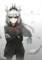Rule 34 | 1girl, absurdres, aoi kumo (diberzs), black necktie, black pants, black suit, blunt bangs, breasts, collared shirt, commentary, copyright name, cowboy shot, crossed arms, crown, demon girl, demon horns, flying paper, formal, gloves, gradient background, grey hair, helltaker, highres, horns, layered sleeves, long hair, looking at viewer, low-tied long hair, lucifer (helltaker), medium breasts, mole, mole under eye, necktie, pants, paper, red eyes, red shirt, shirt, smile, solo, suit, v-shaped eyebrows, white horns