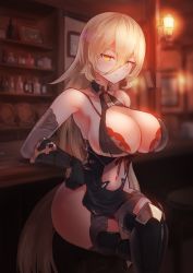 Rule 34 | 1girl, absurdres, bar (place), bare shoulders, black footwear, black gloves, blonde hair, blush, bra, bra peek, bra strap, breasts, cleavage, clothing cutout, commentary request, crossed legs, fang, fang out, gloves, hair between eyes, hat, highres, large breasts, long hair, looking at viewer, multicolored clothes, navel, navel cutout, nijisanji, nui sociere, nui sociere (1st costume), partially fingerless gloves, pelvic curtain, red bra, sitting, smile, solo, thick thighs, thighs, underwear, velceed, very long hair, virtual youtuber, witch, yellow eyes