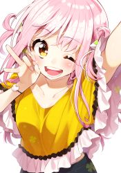 Rule 34 | 1girl, blouse, blush, bracelet, collarbone, highres, jewelry, long hair, looking at viewer, one eye closed, open mouth, original, outstretched arm, pink hair, sakuragi ren, selfie, shirt, solo, white background, yellow eyes, yellow shirt
