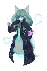Rule 34 | 1girl, black dress, breasts, crystal, dress, full body, ghost, green hair, highres, holding, holding test tube, looking to the side, medium breasts, medium hair, monster girl, nanostar, original, parted bangs, pointy ears, purple eyes, smile, solo, test tube, transparent background, veil