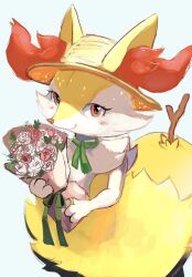 Rule 34 | bouquet, braixen, choker, chufflepop, creatures (company), eyelashes, flower, fox girl, furry, game freak, gen 6 pokemon, green choker, green ribbon, hat, heart, heart-shaped pupils, highres, holding, holding bouquet, jewelry, light blush, looking at viewer, neck fur, nintendo, pink flower, pink rose, pokemon, pokemon (creature), red eyes, ribbon, ring, rose, smile, sun hat, symbol-shaped pupils, wedding ring, white background, white flower, white rose, yellow fur