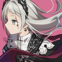 Rule 34 | 1girl, arknights, capelet, closed mouth, earrings, from side, highres, irene (arknights), jewelry, long hair, looking afar, pink background, sakake asobi, short bangs, signature, simple background, solo, twitter username, white capelet, white hair