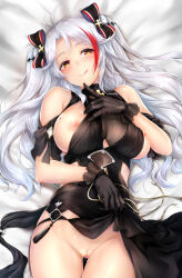 Rule 34 | 1girl, antenna hair, azur lane, black dress, bow, breasts, censored, clothes lift, clothing cutout, cross, dakimakura (medium), dress, iron blood (emblem), iron cross, large breasts, lifted by self, long hair, looking at viewer, mole, mole on breast, multicolored bow, multicolored hair, nipples, open clothes, prinz eugen (azur lane), prinz eugen (cordial cornflower) (azur lane), pussy, red hair, rei kun, shoulder cutout, solo, twintails, two side up, white hair, yellow eyes