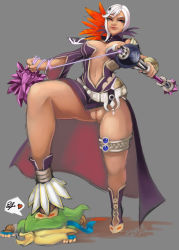 Rule 34 | 1boy, 1girl, abysmal0, bottomless, breasts, cia (hyrule warriors), curvy, dark skin, femdom, highres, hyrule warriors, large breasts, link, navel, nintendo, plump, pussy, skull, the legend of zelda, thick thighs, thighs, uncensored, wide hips