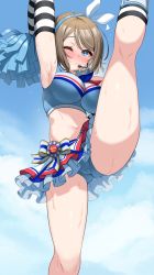 Rule 34 | 1girl, ;), arm behind head, arm up, armpits, blue eyes, blue footwear, blue hairband, blue neckerchief, blue shirt, blue shorts, blue skirt, blue sky, blush, boots, bow, bow hairband, breasts, brown hair, cameltoe, cheerleader, closed mouth, cloud, commentary request, commission, crop top, elbow gloves, feet out of frame, flying sweatdrops, frilled skirt, frills, from below, gloves, gluteal fold, hair bow, hairband, hand on own hip, headset, heart, highres, holding, holding pom poms, kibihimi, kneehighs, layered skirt, leg up, looking at viewer, looking down, love live!, love live! sunshine!!, medium breasts, microskirt, midriff, multicolored clothes, multicolored neckerchief, multicolored skirt, navel, neckerchief, nose blush, one eye closed, pom pom (cheerleading), pom poms, red neckerchief, red skirt, sailor collar, shirt, short hair, shorts, shorts under skirt, sideboob, skeb commission, skirt, sky, sleeveless, sleeveless shirt, smile, socks, solo, split, standing, standing on one leg, standing split, stomach, striped clothes, striped gloves, striped shirt, striped skirt, striped socks, sweat, swept bangs, takaramonozu, thighs, upskirt, watanabe you, white bow, white sailor collar, white skirt
