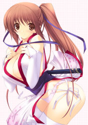 Rule 34 | 1girl, blush, breasts, brown eyes, brown hair, cleavage, dead or alive, dress, hands on own chest, iizuki tasuku, japanese clothes, kasumi (doa), large breasts, leaning forward, long hair, no bra, panties, pantyshot, patterned background, pelvic curtain, pink panties, ponytail, purple panties, solo, standing, tecmo, thighhighs, underwear, white thighhighs, wind, wind lift