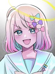 Rule 34 | 1girl, :d, alternate hair length, alternate hairstyle, blonde hair, blue bow, blue eyes, blue hair, blue shirt, bow, chouzetsusaikawa tenshi-chan, commentary request, film grain, grey background, hair bow, halo, highres, looking at viewer, multicolored hair, needy girl overdose, open mouth, pink bow, pink hair, purple bow, sailor collar, shirt, short hair, smile, solo, streaked hair, tamiya (1 2eedy cat), upper body, yellow halo