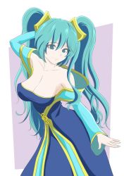 Rule 34 | 1girl, aqua eyes, aqua hair, arm behind head, breasts, cleavage, dress, large breasts, league of legends, long hair, looking at viewer, smile, solo, sona (league of legends), twintails