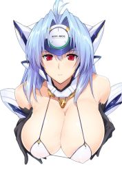 Rule 34 | 1girl, bare shoulders, bikini, black gloves, blue hair, breasts, character name, cleavage, commentary request, covered erect nipples, gloves, halcon, headgear, highres, kos-mos, large breasts, leaning forward, long hair, looking at viewer, parted bangs, parted lips, red eyes, shiny skin, simple background, solo, swimsuit, upper body, white background, xenosaga