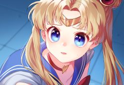 Rule 34 | 1girl, bishoujo senshi sailor moon, blonde hair, blue eyes, blue sailor collar, choker, circlet, collarbone, commentary, crescent, crescent earrings, derivative work, earrings, hair over shoulder, heart, heart choker, highres, jewelry, long hair, looking at viewer, meme, open mouth, parted bangs, red choker, sailor collar, sailor moon, sailor moon redraw challenge (meme), sailor senshi uniform, solo, taemin, twintails, upper body