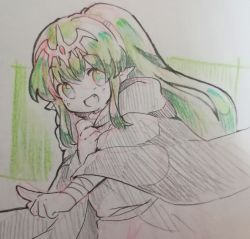 Rule 34 | 1girl, :d, bandaged arm, bandages, betabetamaru, cloak, clutching clothes, colored pencil (medium), fang, fire emblem, fire emblem: mystery of the emblem, green eyes, green hair, highres, long hair, matching hair/eyes, nintendo, open mouth, pointing, pointy ears, ponytail, sidelocks, simple background, smile, spot color, stone, tiara, tiki (fire emblem), tiki (young) (fire emblem), traditional media