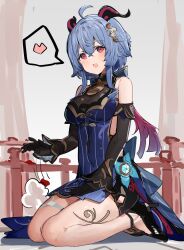 Rule 34 | 1girl, absurdres, ahoge, bare shoulders, black footwear, black gloves, blue dress, blue hair, breasts, commentary request, detached sleeves, dress, ganyu (genshin impact), ganyu (twilight blossom) (genshin impact), genshin impact, gloves, hair ornament, heart, high heels, highres, horns, large breasts, long sleeves, looking at viewer, open mouth, red eyes, seiza, short hair, sitting, sleeveless, sleeveless dress, solo, spoken heart, the olphy, thighs, vision (genshin impact)