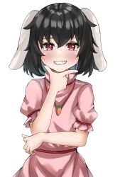 Rule 34 | 1girl, absurdres, animal ears, black hair, blush, breasts, carrot necklace, commentary request, dress, floppy ears, frilled sleeves, frills, grin, hand on own chin, highres, inaba tewi, jewelry, necklace, pink dress, puffy short sleeves, puffy sleeves, rabbit ears, rabbit girl, ramiki, red eyes, red sash, sash, short hair, short sleeves, simple background, small breasts, smile, touhou, upper body