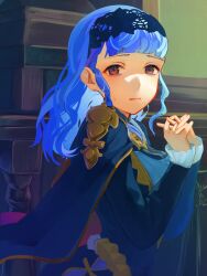 Rule 34 | 1girl, aoisu ao, blue capelet, blue hair, brown eyes, capelet, closed mouth, commentary request, fire emblem, fire emblem: three houses, fire emblem warriors: three hopes, gold trim, highres, indoors, long hair, looking at viewer, marianne von edmund, nintendo, official alternate costume, official alternate hairstyle, own hands together, solo, upper body, window