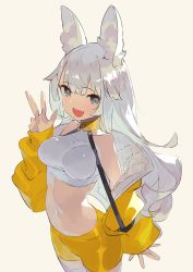 Rule 34 | 1girl, :d, animal ear fluff, animal ears, backlighting, bad id, bad twitter id, bare shoulders, blue eyes, breasts, collarbone, cowboy shot, crop top, fang, fox ears, hajime (hajime-ill-1st), hand up, highres, jacket, large breasts, long hair, long sleeves, looking at viewer, midriff, navel, off shoulder, open clothes, open jacket, open mouth, original, shirt, short shorts, shorts, silver hair, sleeveless, sleeveless shirt, smile, solo, standing, stomach, thighhighs, very long hair, w, white shirt, white thighhighs, yellow jacket, yellow shorts