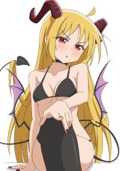 Rule 34 | 1girl, absurdres, ahoge, black bra, black choker, black panties, black thighhighs, blonde hair, blush, bocchi the rock!, bra, breasts, choker, commentary, cowboy shot, crossed legs, demon girl, demon horns, demon tail, demon wings, dot nose, english commentary, highres, horns, ijichi seika, large breasts, long hair, looking at viewer, nail polish, panties, parted lips, purple nails, red eyes, red nails, simple background, sitting, solo, tail, thighhighs, thundradrawings, underwear, v-shaped eyebrows, white background, wings