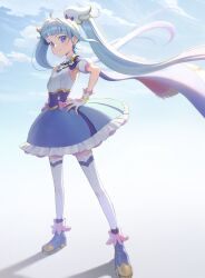 Rule 34 | 1girl, blue eyes, blue hair, brooch, cape, cure sky, detached sleeves, full body, hand on own hip, highres, hirogaru sky! precure, jewelry, long hair, looking at viewer, magical girl, precure, puffy detached sleeves, puffy sleeves, single sidelock, sky, smile, solo, sora harewataru, standing, thighhighs, twintails, two-sided cape, two-sided fabric, white thighhighs, wing brooch, wing hair ornament, yuzu sato