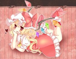 Rule 34 | 1girl, :d, arm support, ascot, blonde hair, blush, head rest, crystal, female focus, flandre scarlet, heart, long hair, lying, on stomach, open mouth, red eyes, sai ren, side ponytail, smile, solo, touhou, wings