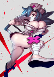 Rule 34 | 1girl, ass, blue hair, bonesaw, breasts, gloves, grey background, hat, highres, large breasts, latex, latex gloves, leg wrap, mask, mouth mask, nurse cap, ponytail, red eyes, saw, skullgirls, solo, surgical mask, symbol-shaped pupils, thick thighs, thighs, tukiwani, valentine (skullgirls)