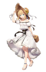 Rule 34 | 1girl, :d, arm behind back, arm up, artoria pendragon (all), artoria pendragon (fate), belt, belt buckle, black belt, blonde hair, blush, breasts, brown hat, buckle, building, commentary, detached sleeves, dress, fate/stay night, fate (series), feet out of frame, field, flower, flower field, full body, gabiran, green eyes, hair between eyes, hand on headwear, hat, hat flower, holding, looking at viewer, official alternate costume, open mouth, puffy short sleeves, puffy sleeves, saber (fate), shirt, short sleeves, simple background, small breasts, smile, solo, standing, straw hat, sunflower, toeless footwear, white background, white dress, white footwear, white shirt, white sleeves, yellow flower