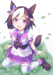 Rule 34 | 1girl, :d, absurdres, animal ears, black footwear, black vest, blue ribbon, bow, braid, brown hair, collared shirt, commentary request, ear bow, frilled skirt, frills, full body, highres, horse ears, horse girl, horse tail, ichi (ichi.colors), jacket, looking at viewer, multicolored hair, neck ribbon, on grass, open clothes, open jacket, open mouth, pleated skirt, puffy short sleeves, puffy sleeves, purple bow, purple eyes, ribbon, shirt, shoes, short sleeves, sitting, skirt, smile, solo, special week (umamusume), sweat, tail, thighhighs, two-tone hair, umamusume, vest, white background, white hair, white jacket, white shirt, white skirt, white thighhighs, yokozuwari