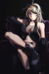 Rule 34 | 1girl, alternate costume, alternate hair length, alternate hairstyle, ankle lace-up, armchair, artist name, bare shoulders, belt, black coat, black footwear, black gloves, black hairband, black shorts, blonde hair, blue eyes, boots, breasts, chair, closed mouth, coat, collarbone, cowboy shot, cross-laced clothes, cross-laced footwear, crossed legs, elbow gloves, eru-sennin, eyelashes, gloves, hair ornament, hairband, hairclip, highres, kagamine rin, knee boots, lace-up boots, lips, long hair, looking away, medium breasts, midriff, navel, pink lips, shorts, signature, sitting, sleeveless, sleeveless coat, solo, strap, swept bangs, vocaloid
