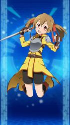 Rule 34 | 1girl, armor, bandai namco, belt, black shorts, blue background, boots, breasts, brown belt, brown gloves, brown hair, child, dagger, gloves, jumping, knife, medium hair, official art, open mouth, pauldrons, red eyes, ribbon, shorts, shoulder armor, silica, small breasts, smile, sword art online, sword art online: memory defrag, tagme, thighs, twintails, weapon, yellow footwear