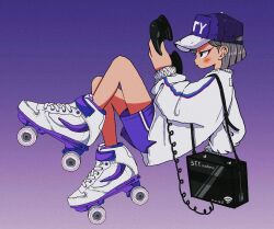 Rule 34 | 1girl, baseball cap, blunt ends, brand name imitation, commentary, from side, full body, gradient background, grey hair, hat, highres, holding, holding phone, long sleeves, looking at object, nao97122, ntt docomo, original, phone, profile, purple background, purple hat, purple shorts, roller skates, short hair, shorts, skates, solo, sweater, symbol-only commentary, white footwear, white sweater
